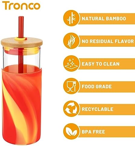Tronco 20 oz Glass Tumbler with Lids and Straws, Reusable Iced Coffee Cups