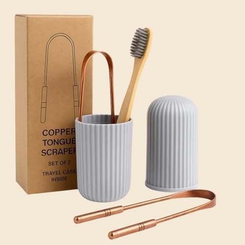 Tongue Scraper Set(2 Pack)–Pure Copper Cleaner Kit with Bamboo Toothbrush with Charcoal Bristles &Travel Case–Daily Oral Hygiene Tool for Men&Women,Reduce Bad Breath,Tongue Scrubber