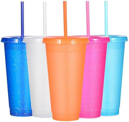 Suertestarry Tumbler with Straw and Lid,Water Bottle Iced Coffee Travel Mug Cup,Reusable Plastic Cups,Perfect for Parties,Birthdays,24oz-5 Pack (Bright Glitter, 5pack)