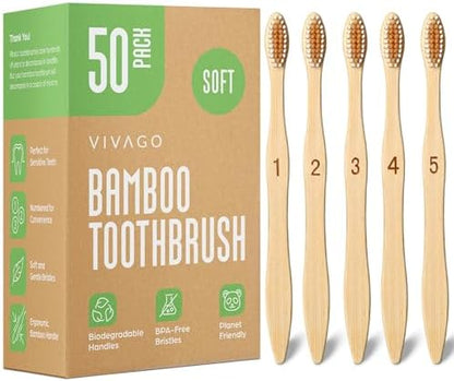 VIVAGO Bamboo Toothbrushes 50 Pack - Soft Bristles Toothbrushes for Adults