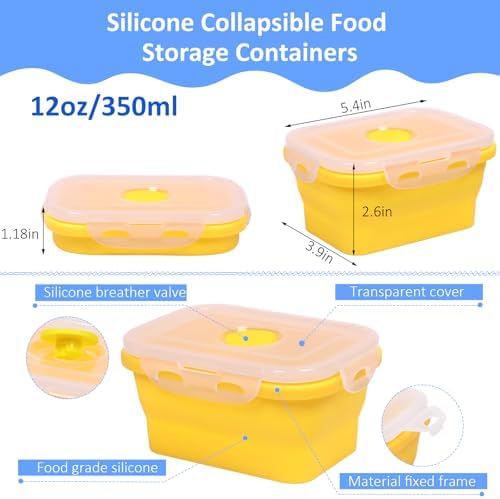 5 Pack Collapsible Silicone Food Storage Containers with Leak-Resistant Lids, 12 oz Small Foldable Snack Box Bento Box, For Kitchen, Office, Camping, Travel, BPA Free