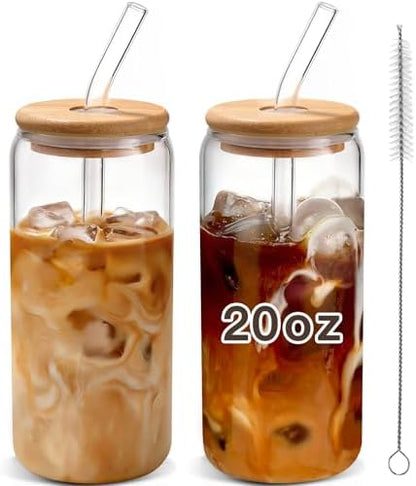 Iced Coffee Cups with Lids 2 pcs: 20 oz Glass Cups with Lids and Straws as Coffee Bar Accessories - Beer Drinking Glasses - Reusable Glass Tumbler,Cute Coffee Cups for Coffee,Juice,Gifts