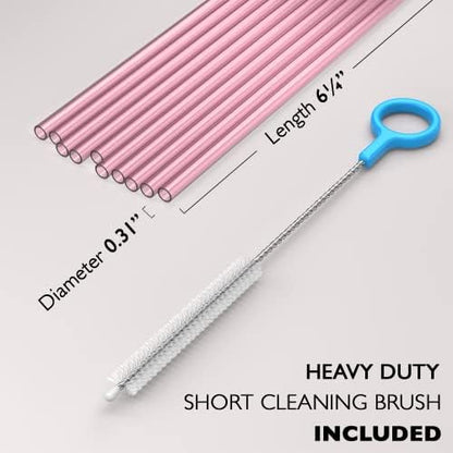 Fiesta First 10 Short Reusable Hard Pink Plastic Drinking Straws, Medium Width + Sturdy Cleaning Brush - for Cocktails, Small Cups, Kids Drinks - Dishwasher Safe BPA Free