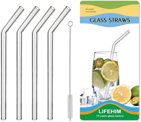 Reusable Borosilicate Glass Straws for 16 oz Tumblers, 9 Inch x 8mm Bent
