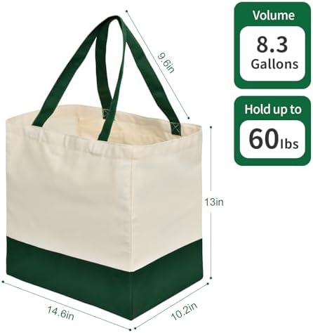 Reusable Grocery Bags Heavy Duty, 8.3 gal Foldable Large Canvas Tote Bag with Handles, Holds 60 lbs Canvas Shopping Bags, 1 Pack（Retro Green）