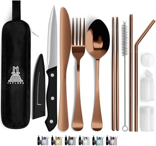 Taplord Portable Travel Silverware Set With Case, Includes 10 Pcs of Travel Utensils With Case, Stainless Steel Flatware Set For Camping, Lightweight (Rose Gold)