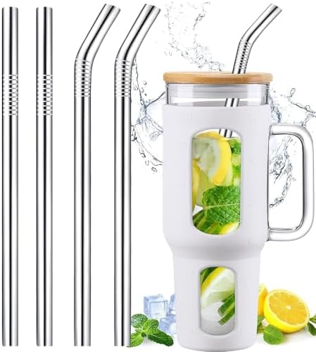 Vinaco 4 Pcs 0.35" Wide Bore Reusable Stainless Steel Metal Smoothie Straws