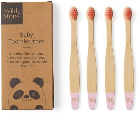 Wild & Stone Organic Baby Bamboo Toothbrushes | 4 Pack | Soft Bristles | 100% Compostable Handle | BPA Free | Vegan Baby Toothbrushes (Baby Pink)