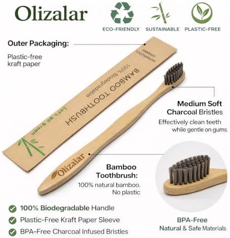 100 Pack Bamboo Toothbrush for Adults, Medium Soft Charcoal Bristles, Eco Friendly Wooden Natural Toothbrushes, Biodegradable Handle Oral Care Toothbrush
