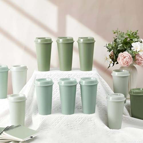FillTouch 12 Pcs 16 oz Reusable Coffee Cups with Lids, Green Gradient
