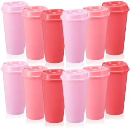 FillTouch 12 Pcs 16 oz Reusable Coffee Cups with Lids, Pink Gradient