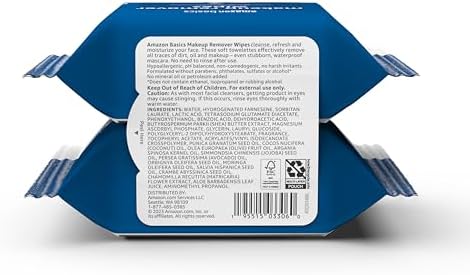 Amazon Basics Makeup Remover Wipes, Gentle Cleansing, Dermatologist Tested, pH-Balanced, Plant Based, Alcohol-Free, Removes Waterproof Mascara, 25 Count, 2-Pack