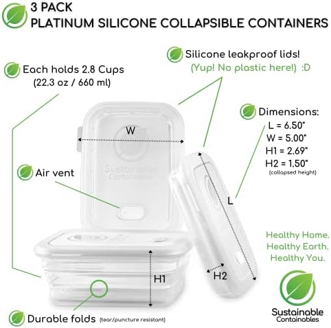 Premium Silicone Collapsible Food Storage Containers with Silicone Leakproof Lids, BPA Free, LFGB Food-Grade Certified, Compact, Reusable Lunch Snack Box, Microwave Safe, 2.8 Cups 3 Pk