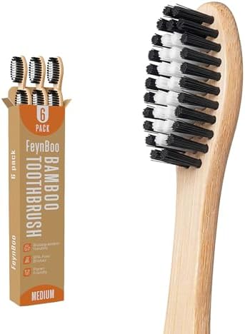 Bamboo Toothbrushes Medium Bristles 6 Pack - BPA Free Bristles Toothbrushes for Adults - Eco-Friendly, Natural Wooden Toothbrush (Light Brown, White, Black)