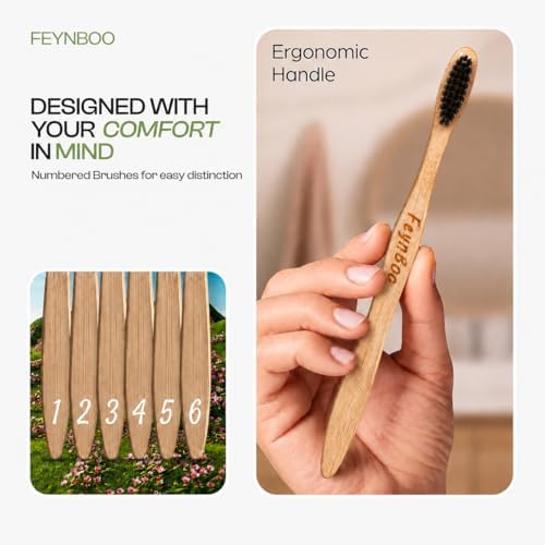 Bamboo Toothbrushes Hard Bristles 6 Pack - BPA Free Bristles Toothbrushes for Adults - Eco-Friendly, Natural Wooden Toothbrush (Light Brown, Black).
