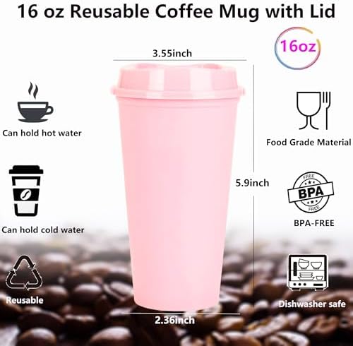 20 Pack Reusable Coffee Cups with Lids 16 oz Plastic Tumblers Travel Mug Iced Coffee Cup for Adults and Women Hot and Cold Drinks, Microwaveable (Pink)