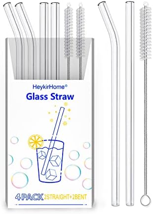 HeykirHome 4-Pack Reusable Glass Straw, Size 8.5''x10 MM,Including 2 Straight and 2 Bent with 2 Cleaning Brush- Perfect For Smoothies, Tea, Juice