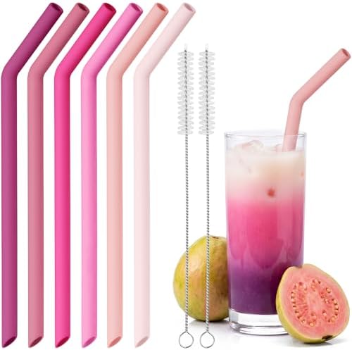 NiHome 6-Pack Wide Reusable Bent Silicone Straws for Smoothies, Milkshake