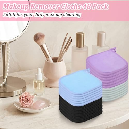 48 Pcs Reusable Makeup Remover Pads Cloths, Soft Microfiber Makeup Towels and Eraser, 8 Colors Facial Cleansing Washable Towels for Face, Hands, Bathroom (5.5 x 6.3 Inch)