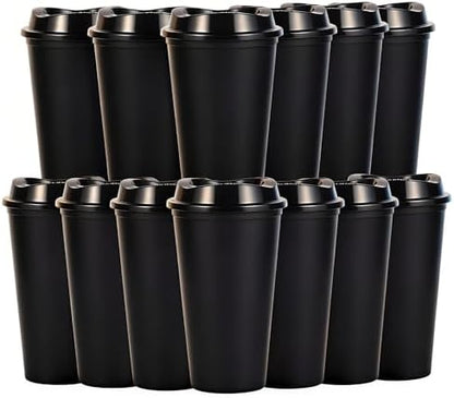 16oz Reusable Plastic Coffee Cups with Lids, 13 Pack, Black