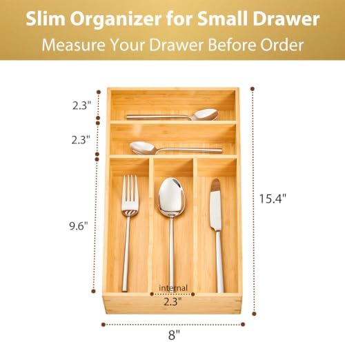 Umilife Bamboo Kitchen Drawer Organizer, 8 Inch Silverware Utensils Tray Holder for Small Drawer, Wood Caddy for Flatware Cutlery Knives
