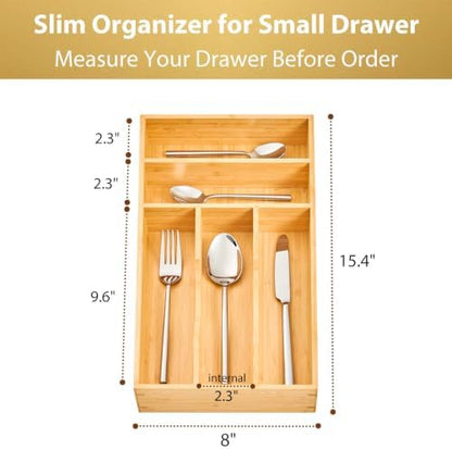 Umilife Bamboo Kitchen Drawer Organizer, 8 Inch Silverware Utensils Tray Holder for Small Drawer, Wood Caddy for Flatware Cutlery Knives