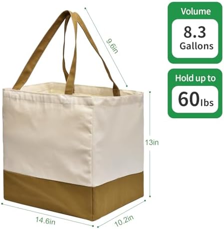 3 Pack Canvas Reusable Grocery Bags Heavy Duty, 8.3 gal Foldable Large Tote Bag with Handles, Holds 60 lbs Canvas Shopping Bags & Washable Eco-friendly Bags with 5 Pockets, camel+Off white