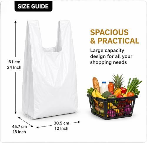 Reusable Heavy Duty White Plastic Shopping Bags with Handles, T-Shirt Grocery Carrier Bags, 12 x 18 x 24 Inch, HDPE Retail, Convenience Store & Takeout Bags, 100 Pack