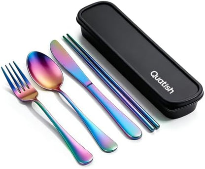 Quatish 5 Piece Travel Utensils with Case, Portable Cutlery Set, Rainbow