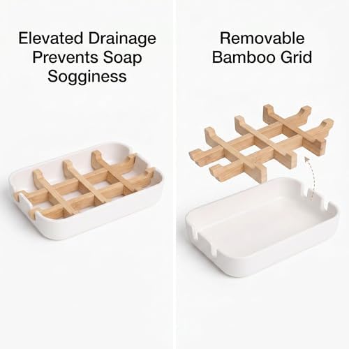 Bamboo Fiber Soap Holder and Soap Dish Combination, Removable Drainage Rack Bar Soap Tray for Bathroom Sink Deck, Bathtub, Shower & Kitchen (White, 1 Pack)