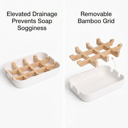 Bamboo Fiber Soap Holder and Soap Dish Combination, Removable Drainage Rack Bar Soap Tray for Bathroom Sink Deck, Bathtub, Shower & Kitchen (White, 1 Pack)