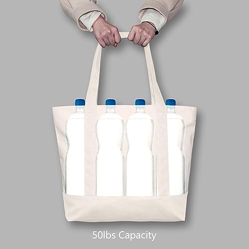 TOPDesign 3-Pack Canvas Tote Bags with an External Pocket, Reusable Grocery Shopping Bags, Top Zipper Closure, Daily Essentials (Natural)