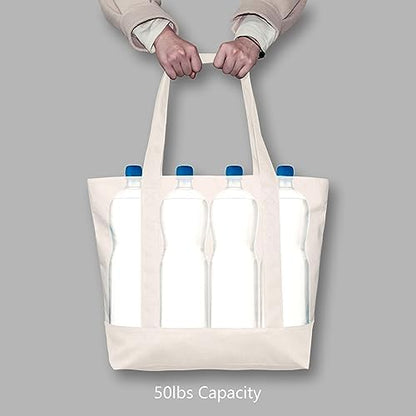 TOPDesign 3-Pack Canvas Tote Bags with an External Pocket, Reusable Grocery Shopping Bags, Top Zipper Closure, Daily Essentials (Natural)
