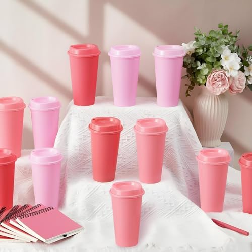 FillTouch 12 Pcs 16 oz Reusable Coffee Cups with Lids, Pink Gradient