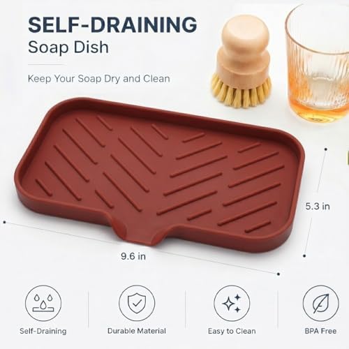 MicoYang Silicone Soap Dish with Drain Spout — Self-Draining Sink Organizer Tray for Bathroom & Kitchen, Sponges, Dispensers & Soap Holder, Non-Slip & Dishwasher Safe, Red (Medium, 9.6"×5.3")