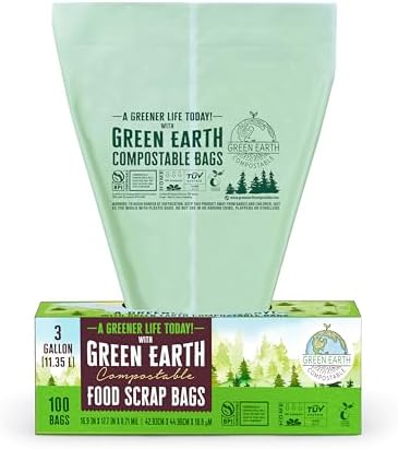 Green Earth Compostable Small Kitchen Food Scrap Trash Bags, Compost Bin Compatible, 3 Gallon, 11.35 Liter, 300-Count, Extra Thick 0.71 Mil, ASTM D6400, BPI (US) & OK Compost Home (EU) Certified