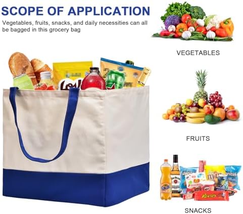 3 Pack Canvas Reusable Grocery Bags Heavy Duty, 8.3 gal Foldable Large Tote Bag with Handles, Holds 60 lbs Canvas Shopping Bags & Washable Eco-friendly Bags with 5 Pockets, Blue+Off White