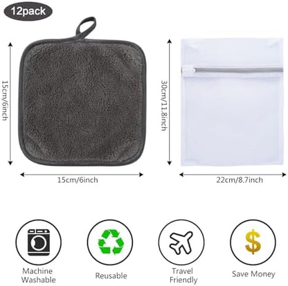 SINLAND Makeup Remover Cloth Reusable Microfiber Face Cloth for Washing Face Makeup Remover Towels Soft Face Washcloth with Mesh Bag 12 Pack 6" x 6"