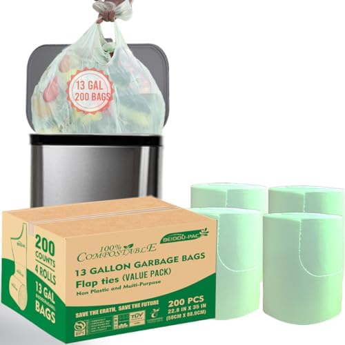 BEIDOU-PAC 13 Gallon Flap Tie Compostable Trash Bags, 200 Count, Compost Bags Tall Kitchen Trash Bags, Sturdy Garbage Bags Food Scrap Waste Bags, ASTM D6400, US BPI Certified, Green