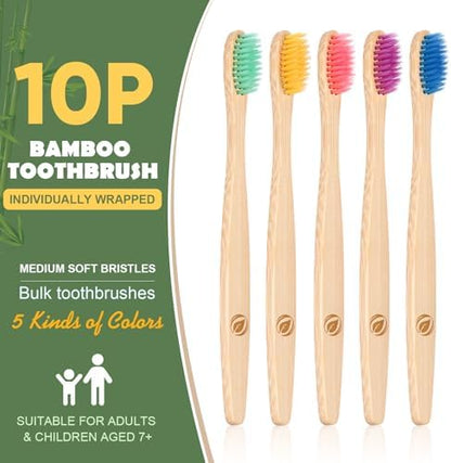 10 Kids Bamboo Toothbrushes Aged 5+, Individually Wrapped Bulk Toothbrush