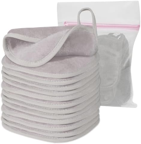 Natwag Makeup Remover Cloth, 6" x 6" Make Up Towels Reusable Face Cloth for Washing Face, 12 Pack Makeup Remover Pads Microfiber Face Washcloth with Mesh Bag, Light Grey