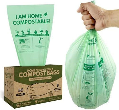 AIRNEX Compostable Kitchen Trash Bags 8 Gal - Cornstrarch Leakproof & Tear Resistant 50 Compost Bags - OK Compost Home & Seedling Certified 0.22 mm Kitchen Garbage Bags