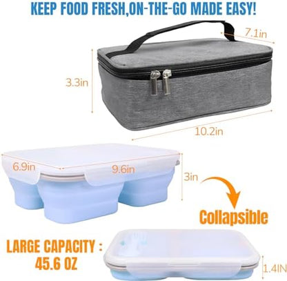Big Collapsible Silicone Bento Lunch Box With Insulated Lunch Bag, 45.6oz Food Containers with 3 Compartment, Bento Bag, Designed for Fresh Lunch On the Go