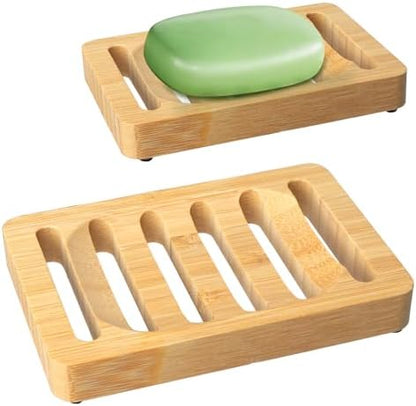 Wooden Soap Dish, Bamboo Soap Holder for Shower 2 Pack, Self Draining Tray