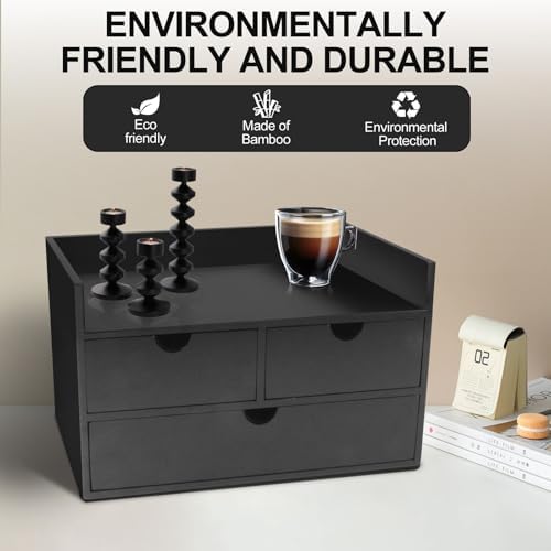 Charmewooden Desk Organizer with Drawers Countertop Drawers Organizer Tabletop Storage Organization Box Home Office Workspace Bathroom Toiletries Supplies (black with shelf)
