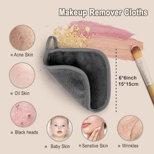KODAMO Makeup Remover Cloth, 6 inch x 6 inch Reusable Makeup Remover Towels with Laundry Bag, Microfiber Makeup Removal Face Wash Cloths with Just Water, 12 Pack, Grey