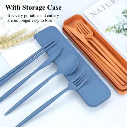 DISSKNIC Reusable Utensils Set with Case, 6 Sets Travel Utensils with Case, Wheat Straw Portable Cutlery Set Chopsticks Knives Fork and Spoon for Lunch Box Accessories