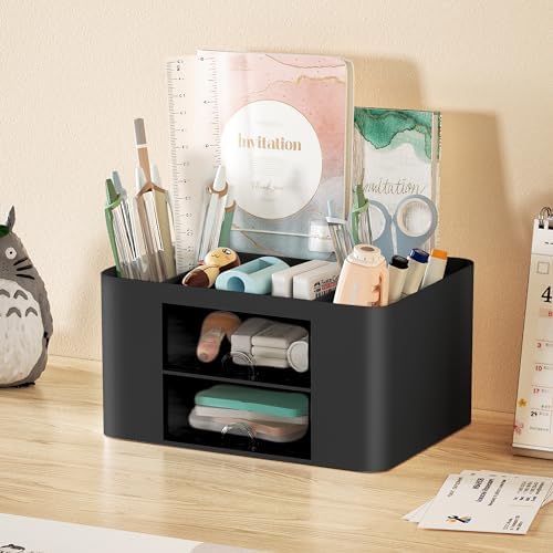 Marbrasse Pen Organizer with 2 Drawer, Multi-Functional Pencil Holder for Desk, Desk Organizers and Accessories with 5 Compartments + Drawer for Office Art Supplies (Black)