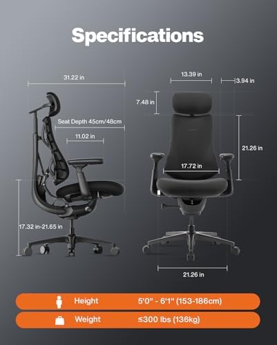 LiberNovo Omni PRO Dynamic Ergonomic Office Chair, Built-in Fan, 45cm