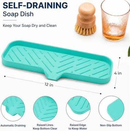MicoYang Silicone Soap Dish with Drain Spout — Self-Draining Double Sink Organizer Tray for Kitchen & Bathroom, Dispensers, Sponges & Soap Holder, Non-Slip & Dishwasher Safe, Mint (Large, 12"×4")